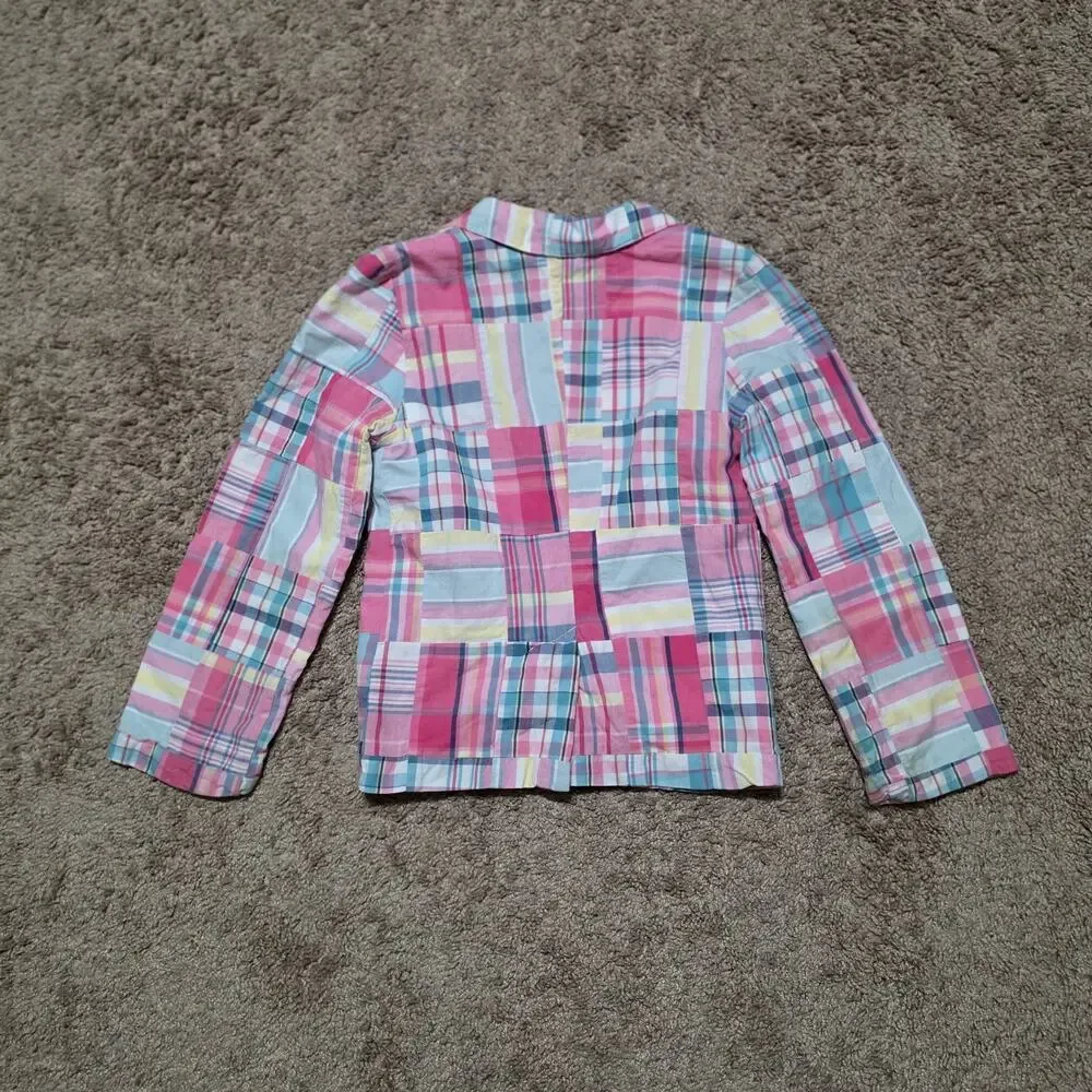 Vtg Janie And Jack Madras Plaid Jacket Girls 6 Pink Blue Pastel Patchwork Spring